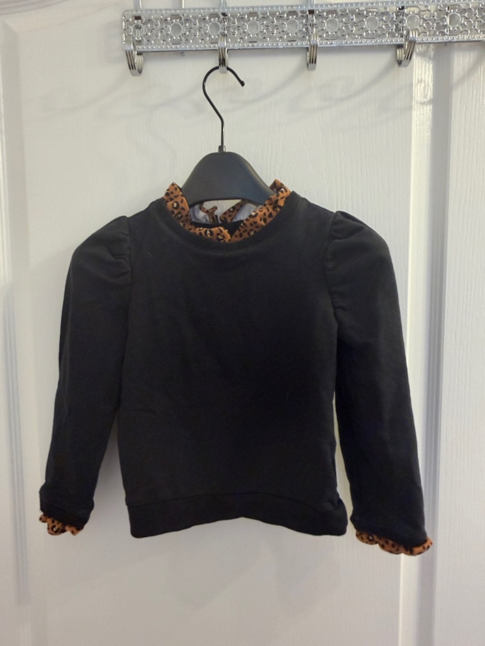 Girls Black Sweatshirt with Leopard Trim - Kids Shirt & Top